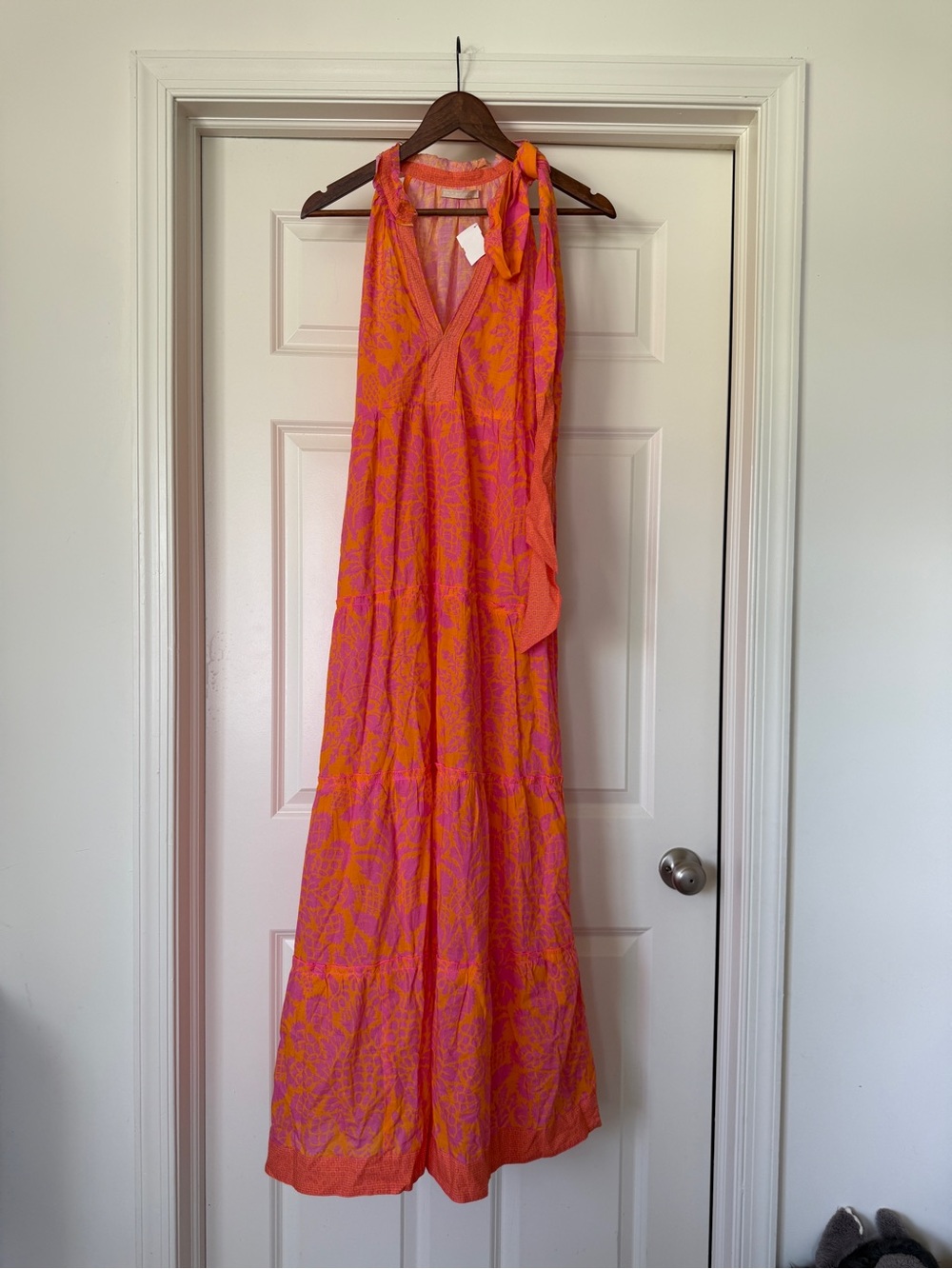 Lola Australia 100% cotton Vibrant tiered Pink and Orange Halter Maxi Dress